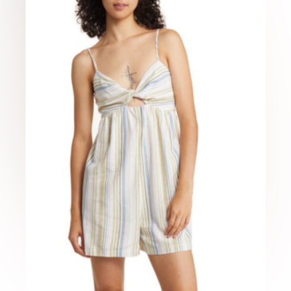 Topshop linen pastel stripe tie front romper in multi